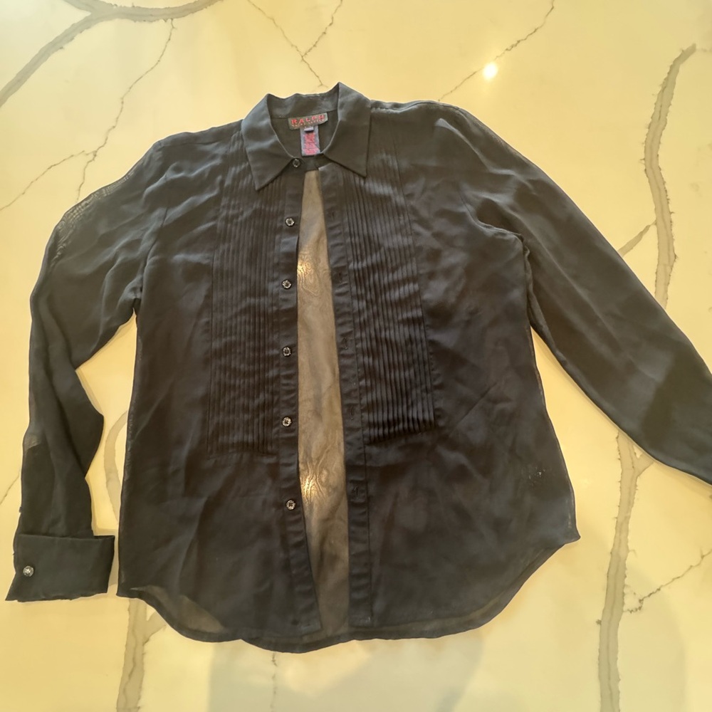 90’s - Vintage Ralph Lauren - Black Rayon Pintuck Button-Up Blouse - Size M
